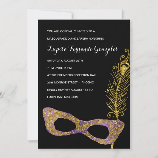 Fancy Paarse Masquerade Quinceanera Party Kaart (Voorkant)