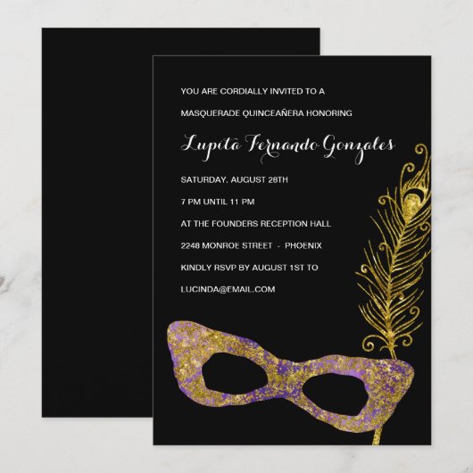 Fancy Paarse Masquerade Quinceanera Party Kaart (Voorkant / Achterkant)