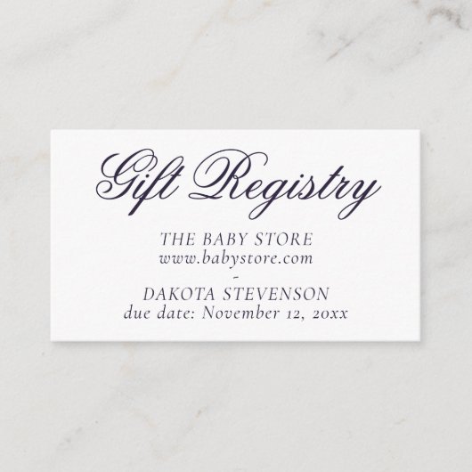 Fancy Paarse script | Het moderne Baby shower regi Informatiekaartje (Voorkant)