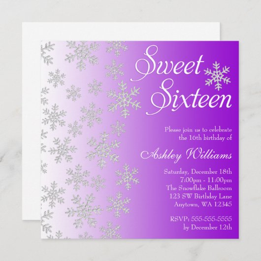 Fancy Paarse Snowflakes Winter Wonderland Sweet 16 Kaart (Voorkant / Achterkant)