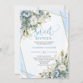 Fancy Pastel Blauw Wit Goud Bloem Sweet Sixteen Kaart (Voorkant)