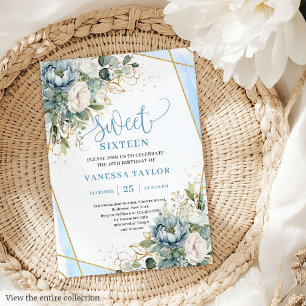 Fancy Pastel Blauw Wit Goud Bloem Sweet Sixteen Kaart