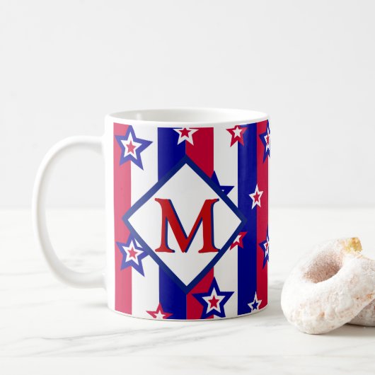 Fancy patriottische sterren en strips met monogram koffiemok (Met donut)
