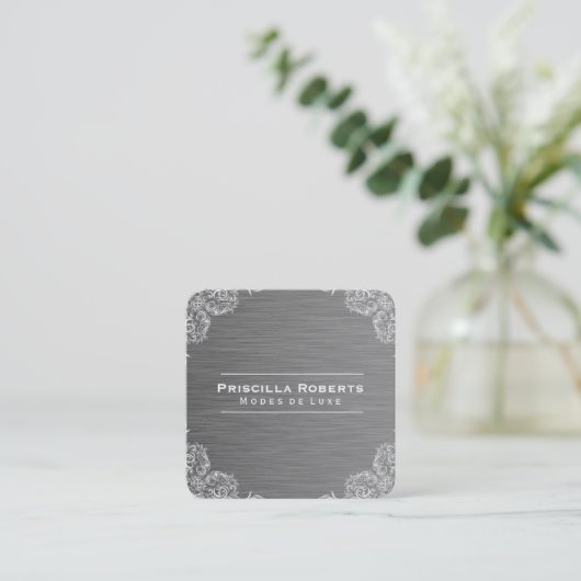Fancy Patroon | Metallic Stalen Achtergrond Vierkante Visitekaartje (Staand voorkant)