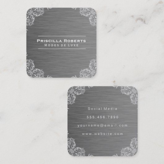 Fancy Patroon | Metallic Stalen Achtergrond Vierkante Visitekaartje (Voorkant / Achterkant)