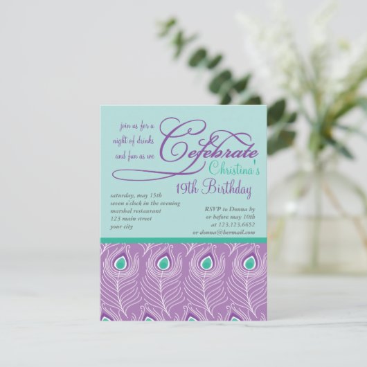 Fancy Peacock Feathers Birthday Party Celebration Kaart (Staand voorkant)