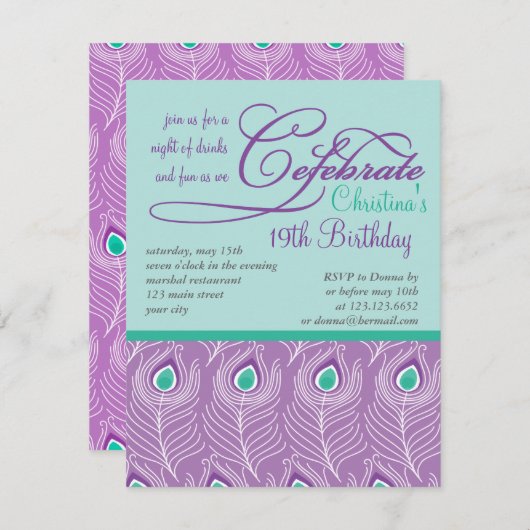 Fancy Peacock Feathers Birthday Party Celebration Kaart (Voorkant / Achterkant)