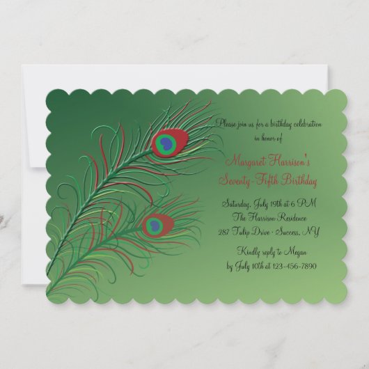 Fancy Peacock Feathers Green Invitation Kaart (Voorkant)