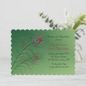 Fancy Peacock Feathers Green Invitation Kaart (Staand voorkant)
