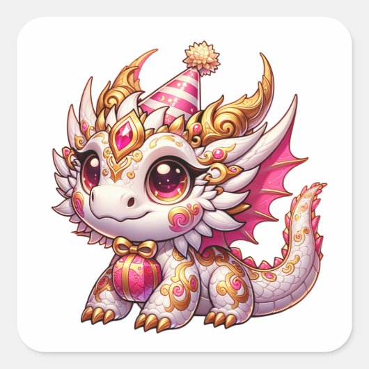 Fancy Pink and Gold Dragon Girl's Birthday  Vierkante Sticker (Voorkant)