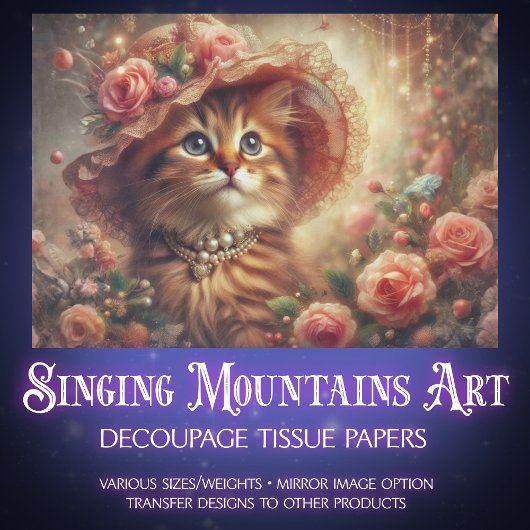 Fancy Pink Floral Shabby Chic Cat Decoupage  Tissuepapier