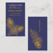 Fancy Plumes Peacock Feathers Elegant Gold Navy Visitekaartje (Voorkant / Achterkant)