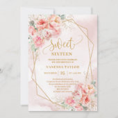 Fancy poederroze gouden bloemen Sweet 16 Invitatio Kaart (Voorkant)