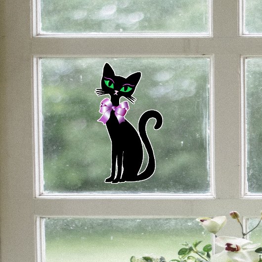 Fancy Pretty Zwarte Kat Groene Ogen Roze Strikken Raamsticker