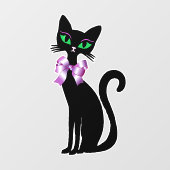 Fancy Pretty Zwarte Kat Groene Ogen Roze Strikken Raamsticker (Vel)