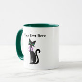 Fancy Pretty Zwarte Kat Roze Strik Groene Ogen Mok (Voorkant links)