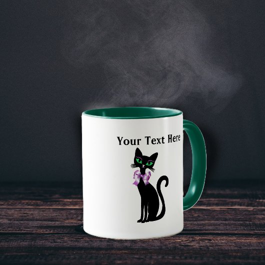 Fancy Pretty Zwarte Kat Roze Strik Groene Ogen Mok
