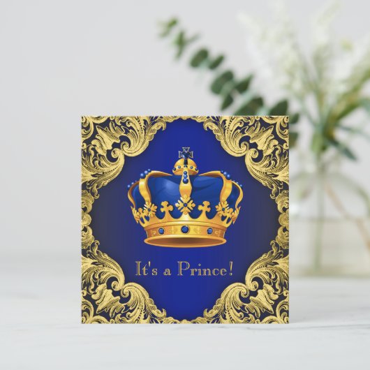Fancy Prince Baby shower blauw goud Kaart (Staand voorkant)