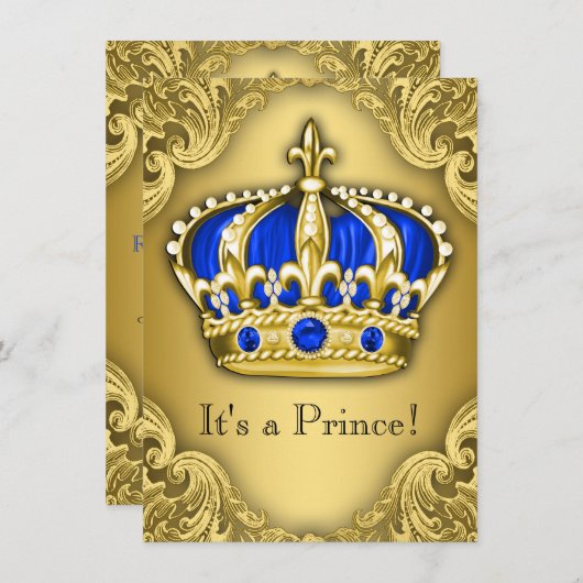 Fancy Prince Baby shower Blue en Gold Kaart (Voorkant / Achterkant)
