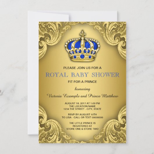 Fancy Prince Baby shower Blue en Gold Kaart (Achterkant)