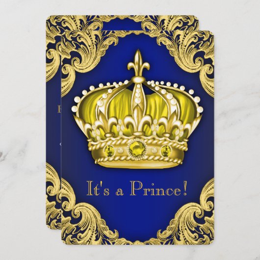 Fancy Prince Baby shower Blue en Gold Kaart (Voorkant / Achterkant)