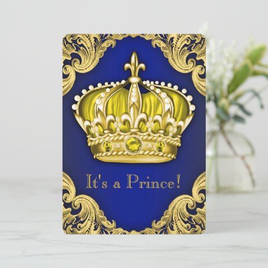 Fancy Prince Baby shower Blue en Gold Kaart (Staand voorkant)
