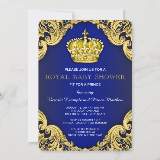 Fancy Prince Baby shower Blue en Gold Kaart (Achterkant)