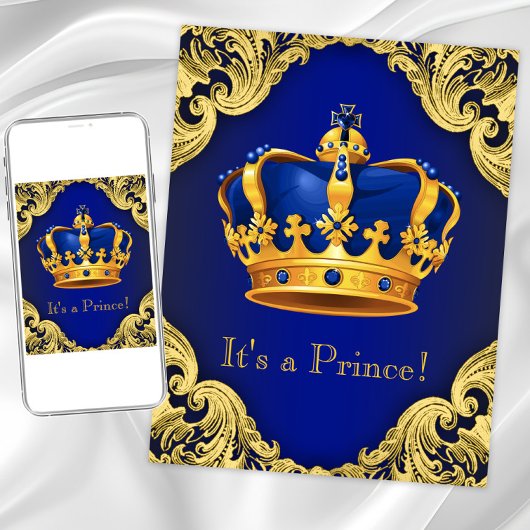 Fancy Prince Baby shower Blue en Gold Kaart