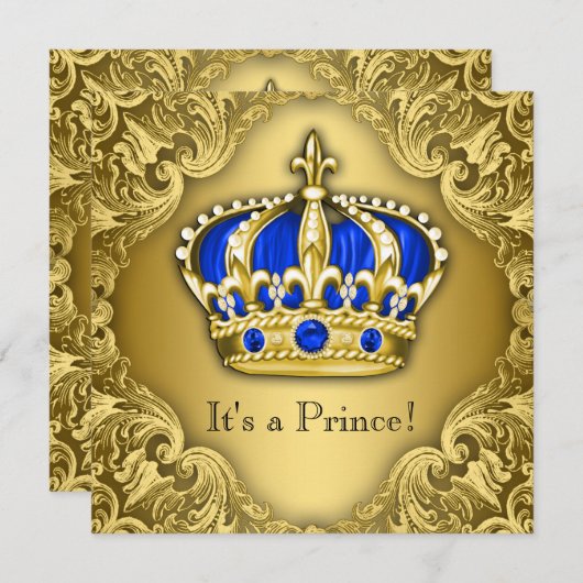Fancy Prince Baby shower Blue en Gold Kaart (Voorkant / Achterkant)