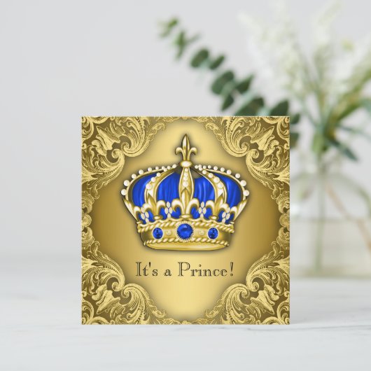 Fancy Prince Baby shower Blue en Gold Kaart (Staand voorkant)
