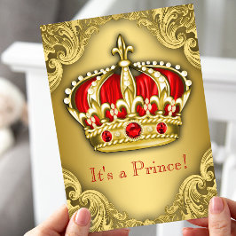 Fancy Prince Baby Shower Rood en Goud Kaart