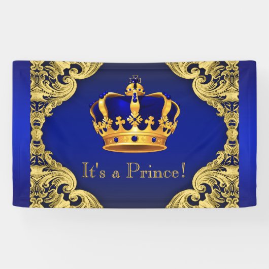 Fancy Prince Royal Blue Gold Crown Baby shower Spandoek (Horizontaal)