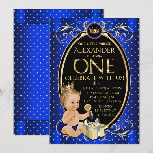 Fancy prins eerste verjaardagsfeestje kaart (Voorkant / Achterkant)