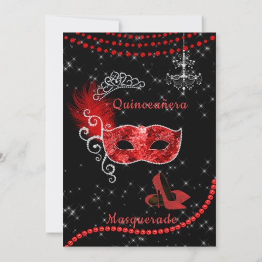 Fancy Quinceanera Red en Silver Masquerade Kaart (Voorkant)