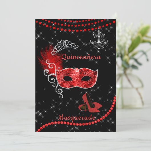 Fancy Quinceanera Red en Silver Masquerade Kaart (Staand voorkant)