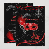 Fancy Quinceanera Red en Silver Masquerade Kaart (Voorkant / Achterkant)