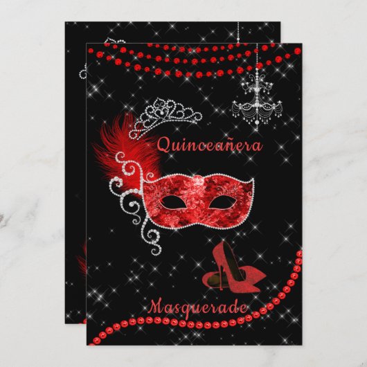 Fancy Quinceanera Red en Silver Masquerade Kaart (Voorkant / Achterkant)