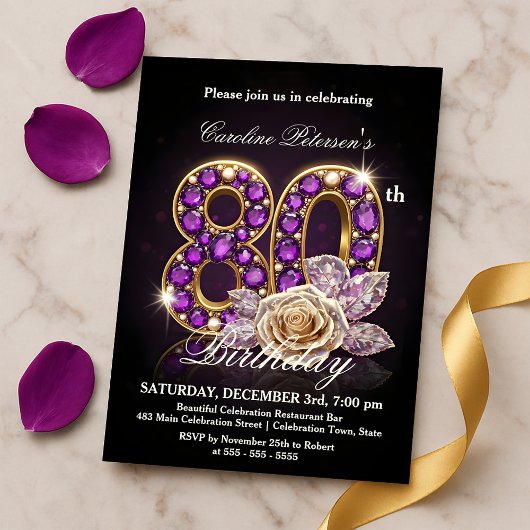 Fancy Regal Rose Amethyst Gold 80th Birthday Kaart