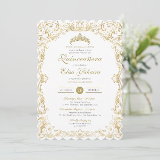 Fancy Regal White Gold Elegant Quinceanera Kaart (Staand voorkant)