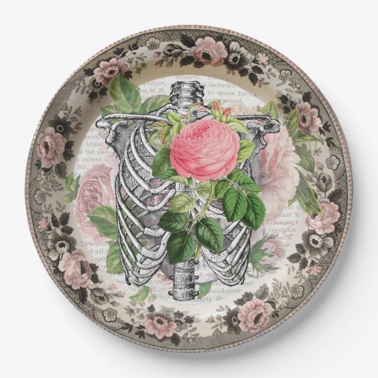 Fancy Ribcage met Rozen  Halloween Papieren Bordje (Voorkant)