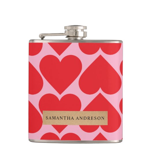 Fancy Romantisch rood en roze hartenpatroon met na Heupfles (Voorkant)