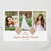 Fancy Romantisch Roos Gold Mijn XV Spaanse 3 Foto' Folie Uitnodiging (Voorkant)