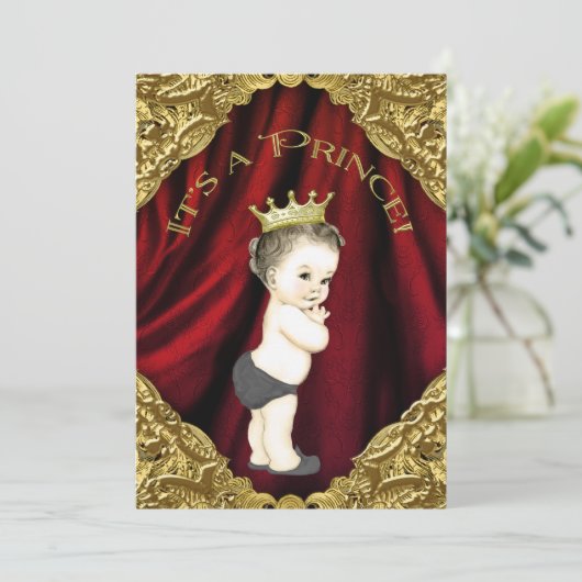 Fancy Rood en Goud Prince Baby shower Kaart (Staand voorkant)