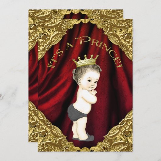 Fancy Rood en Goud Prince Baby shower Kaart (Voorkant / Achterkant)
