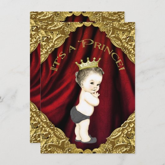 Fancy Rood en Goud Prince Baby shower Kaart (Voorkant / Achterkant)