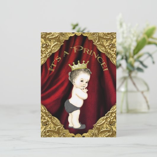 Fancy Rood en Goud Prince Baby shower Kaart (Staand voorkant)