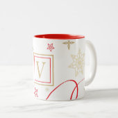 Fancy rood goud sneeuwvlokken monogram tweekleurige koffiemok (Voorkant rechts)