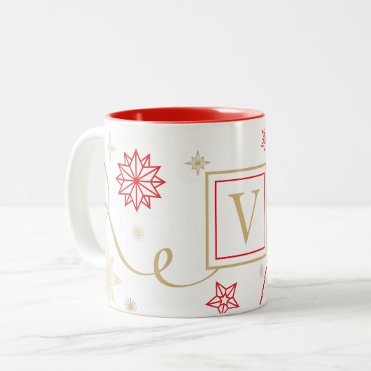 Fancy rood goud sneeuwvlokken monogram tweekleurige koffiemok (Voorkant links)