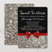 Fancy Rood Zilver Glitter Sweet 16 Feestuitnodigin Kaart (Voorkant / Achterkant)