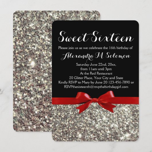Fancy Rood Zilver Glitter Sweet 16 Feestuitnodigin Kaart (Voorkant / Achterkant)